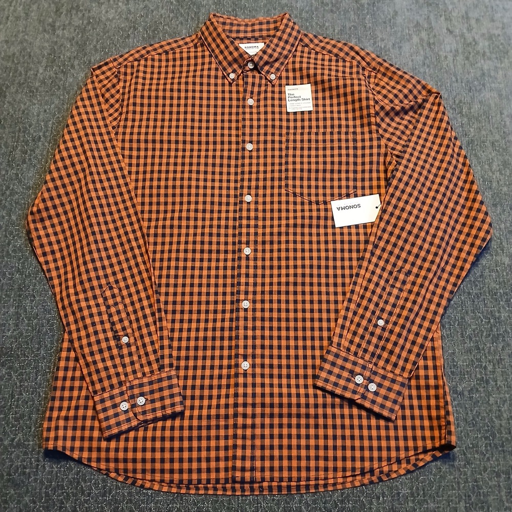Sonoma Mens Perfect Length Shirt Orange Navy Gingham Stretch Large NWT $40!